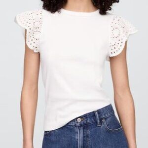 Gap Women's Ribbed Eyelet Flutter Sleeve T-Shirt - White - Large